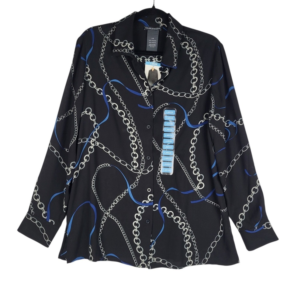 Chelsea And Theodore Top Large Black Chains Button Up Old Money Equestrian NWT